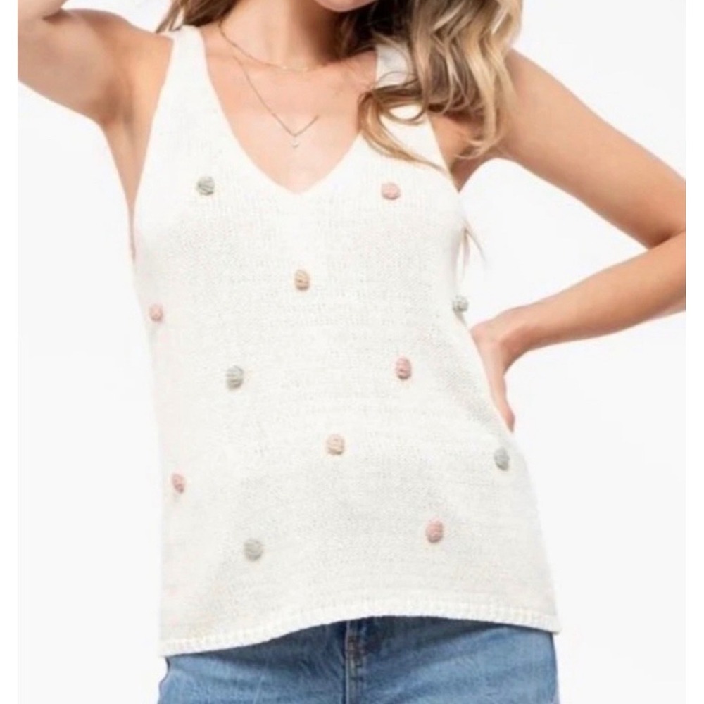Blu Pepper Womens Ivory Knit Pom Pom V-Neck Sweater Tank Top CR1038 Large